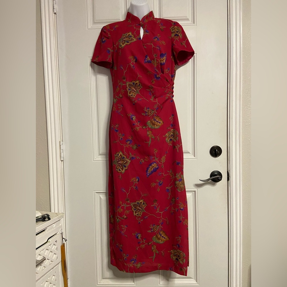 T19b- DAVID WARREN Oriental Red Floral MANDARIN COLLAR Midi-Maxi Dress